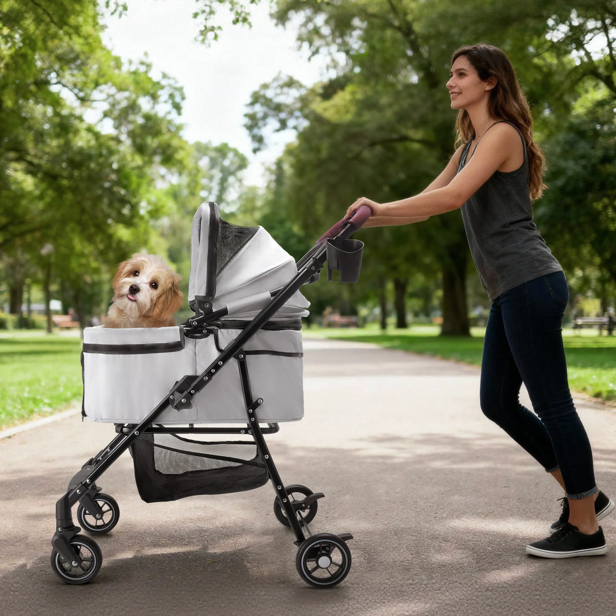 4-Wheel Foldable Pet Stroller for Dogs & Cats 360° Rotating Wheels, Separable Carrier & Travel Bag for Small Animals