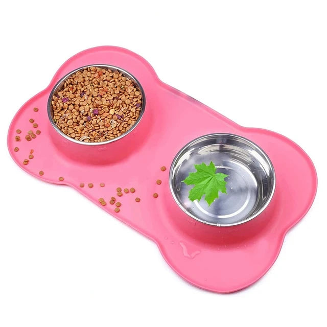 Antislip Double Dog Bowl With Silicone Mat Durable Stainless Steel Water Food Feeder Pet Feeding Drinking Bowls for Dogs Cats