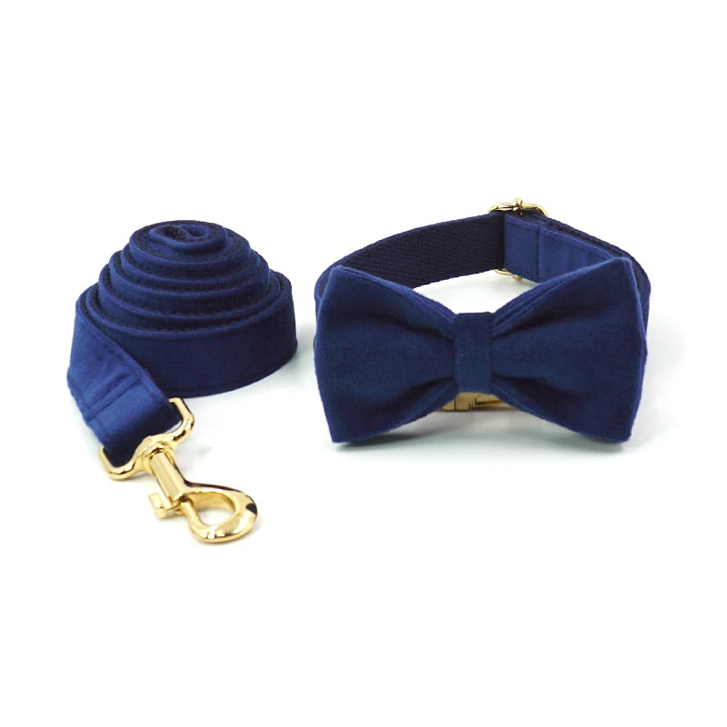 Deep Blue Velvet Personalized Dog Harness Luxury Designer Dog Collar Leash Set Bow Pet Collar with Walking Lead Pet Accessories