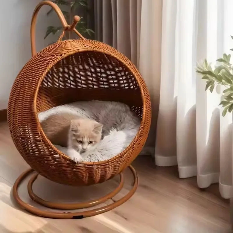 Semi-enclosed Pet Hammock Hanging Cat Nest Round Rattan Cat Cage Cat Bed with Plush Cushion Pet Cradle Bed Cat Accessories