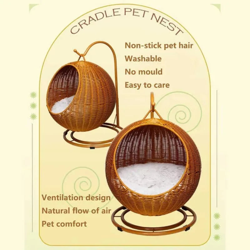 Semi-enclosed Pet Hammock Hanging Cat Nest Round Rattan Cat Cage Cat Bed with Plush Cushion Pet Cradle Bed Cat Accessories