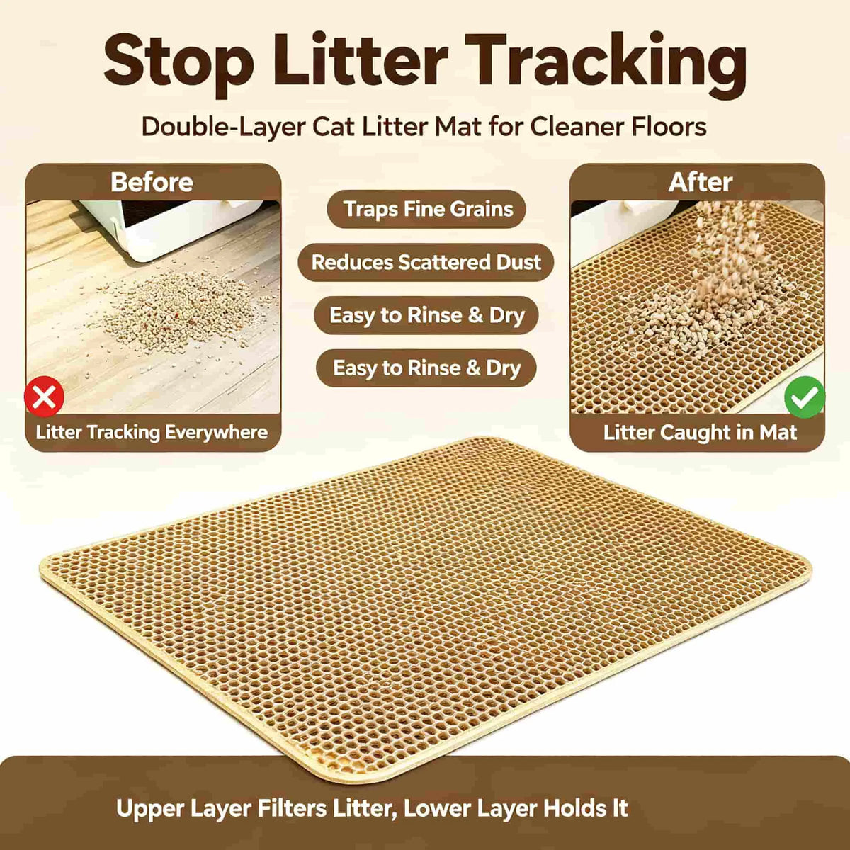 Cat Accessories Double Layer Litter Trapping Mat, Cat Stuff Washable Anti Tracking Pad, Pet Cat Supplies for Litter Box