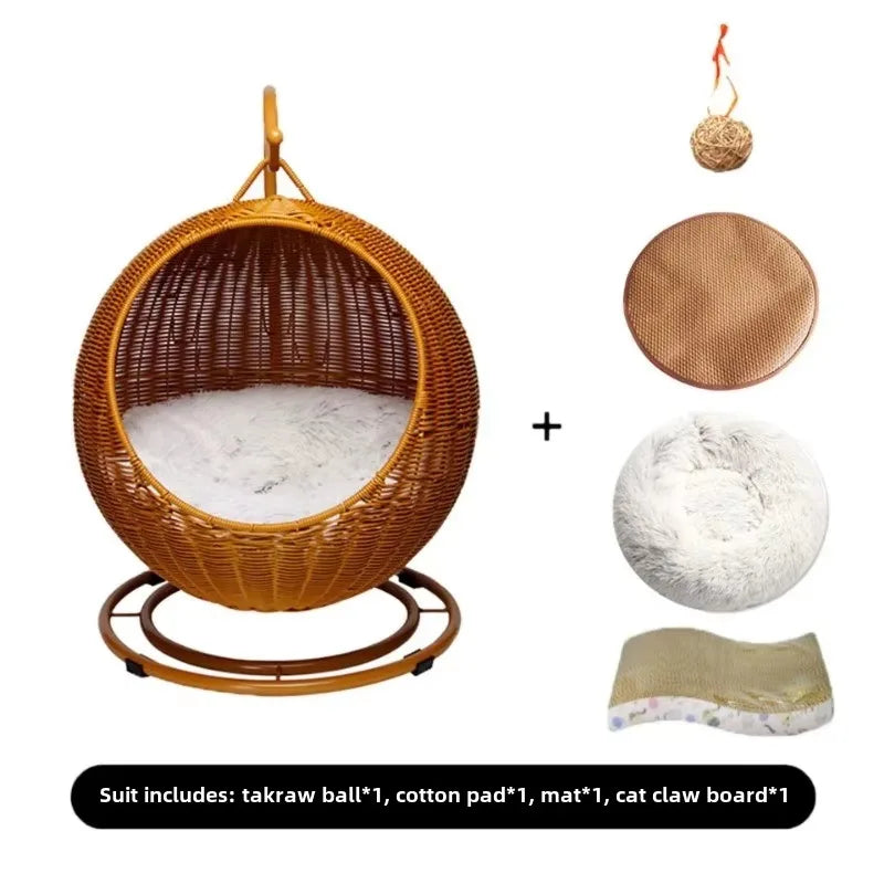 Semi-enclosed Pet Hammock Hanging Cat Nest Round Rattan Cat Cage Cat Bed with Plush Cushion Pet Cradle Bed Cat Accessories