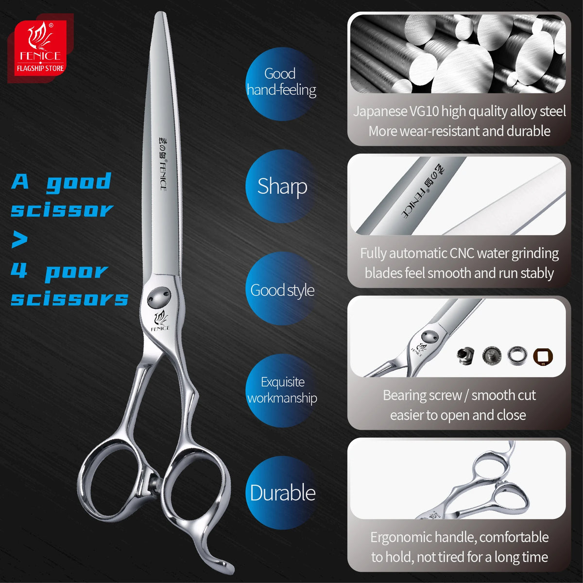 Fenice 7.5/8.0 inch JP VG10 Professional  Pet Grooming Straight Wide Sword Blade Scissors For Pet Groomers Cutting General Shape